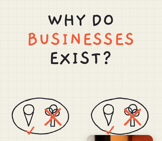 Short cover: Why do businesses exist? A caveman and a person today, the same thought bubble